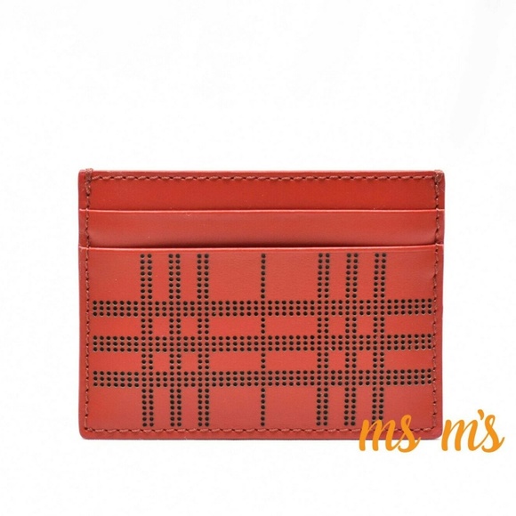 Nwt Burberry red Sandon Perforated Check CARD CASE - Picture 2 of 5